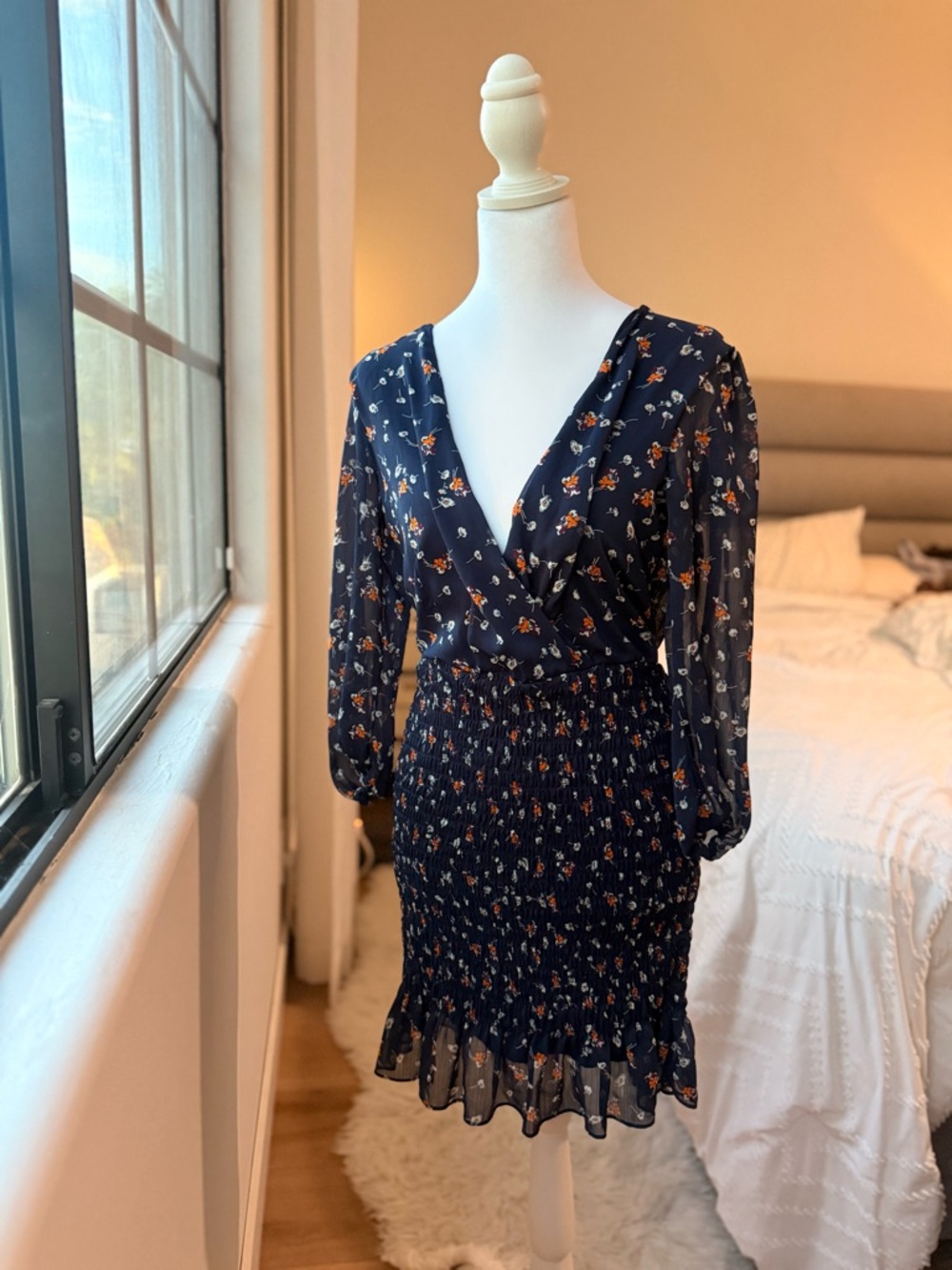 Smocked Navy Floral Long-Sleeve Wrap Dress